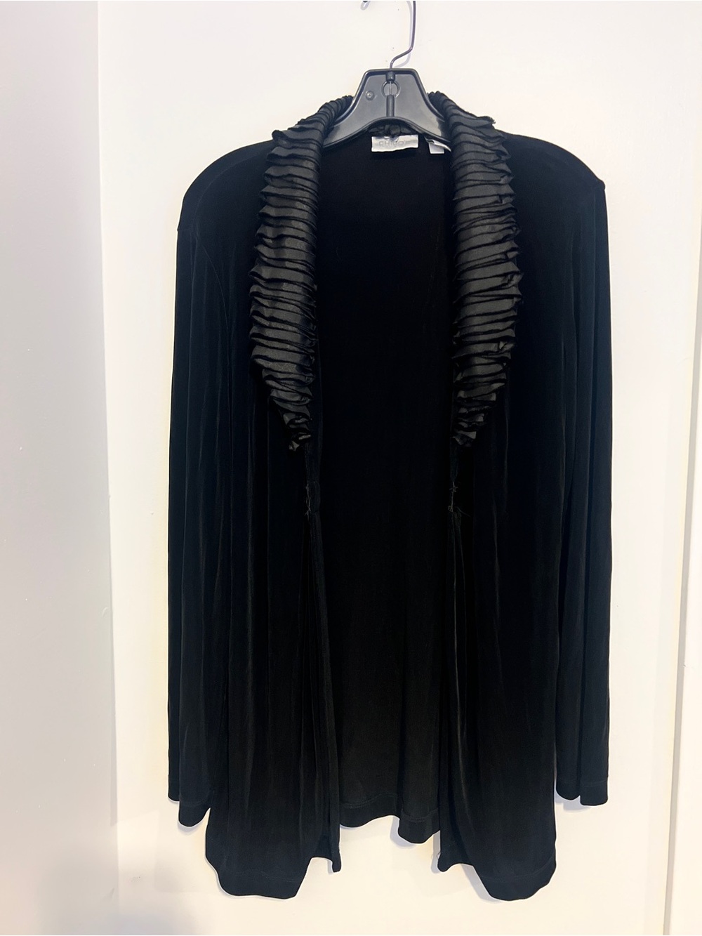 Chico's Black Ruffled Collar Open Cardigan